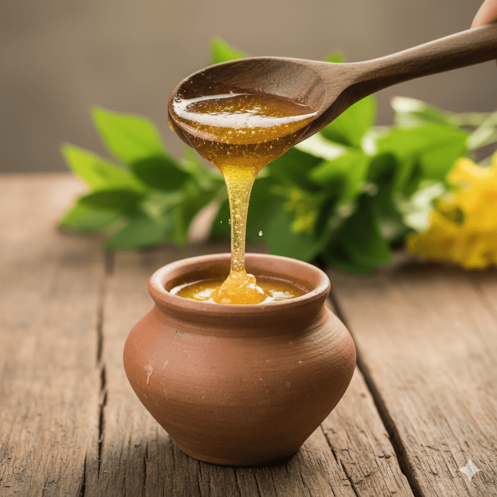 Golden A2 Gir Cow Ghee in a wooden spoon – Dev Gir Farm