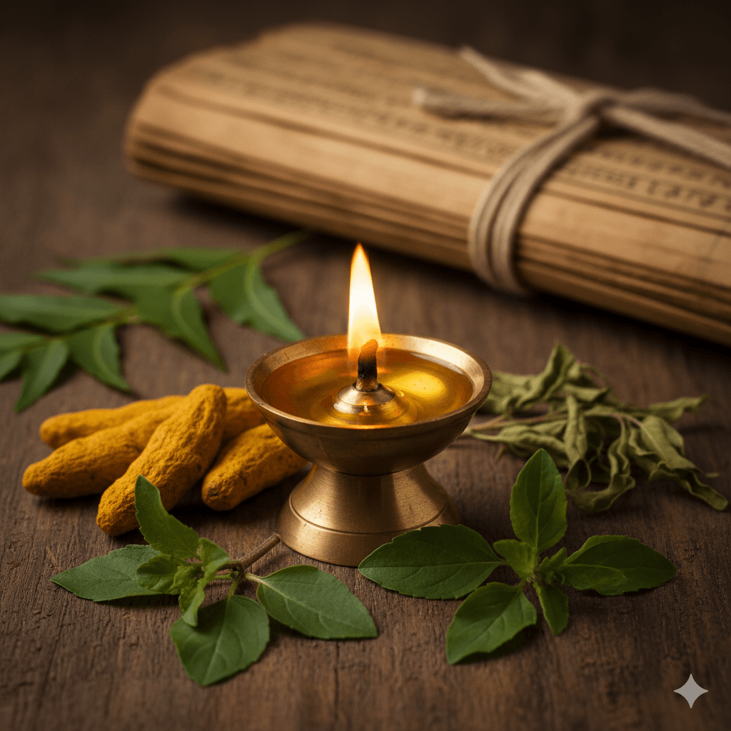 Traditional brass diya lit with ghee and Ayurvedic herbs