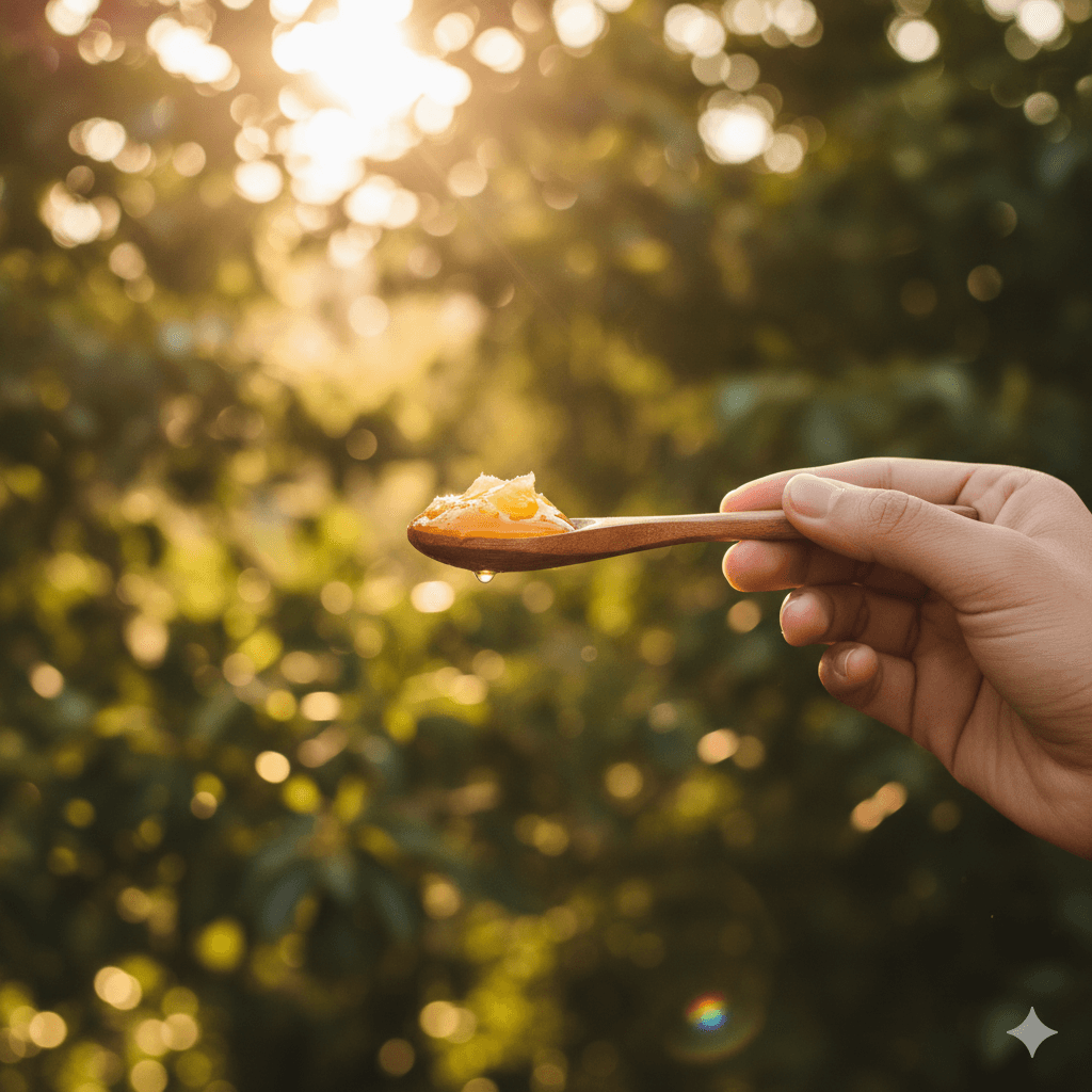 Hand holding a spoon of golden A2 ghee in natural light