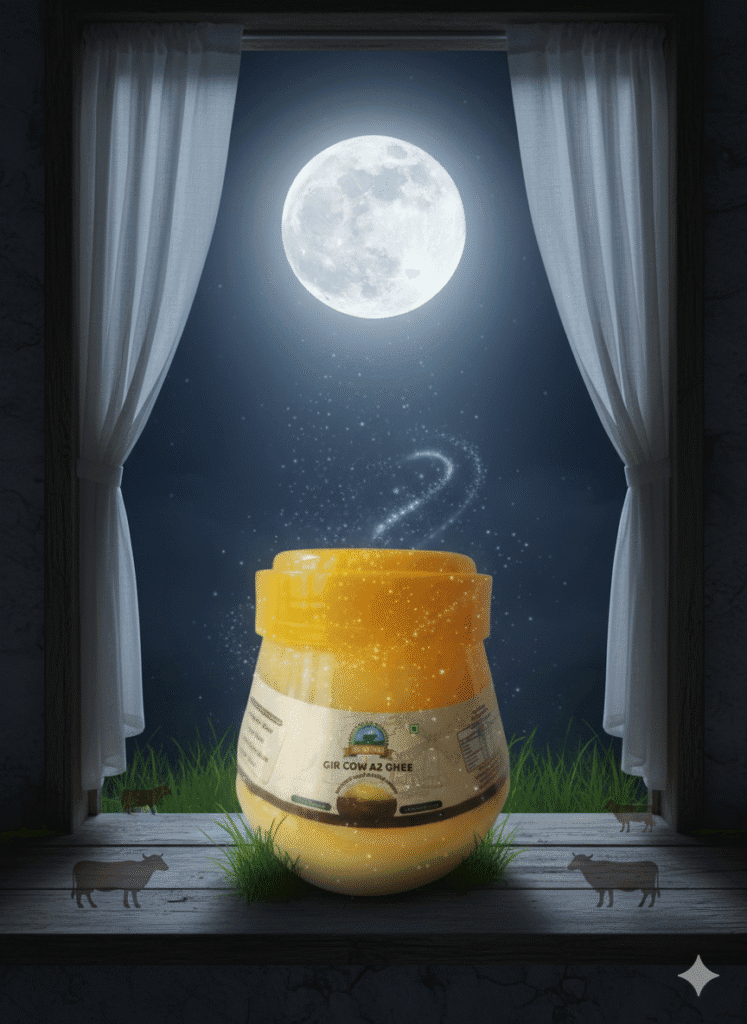 Glass jar of Dev Gir Farm’s Full Moon Ghee infused with lunar energy