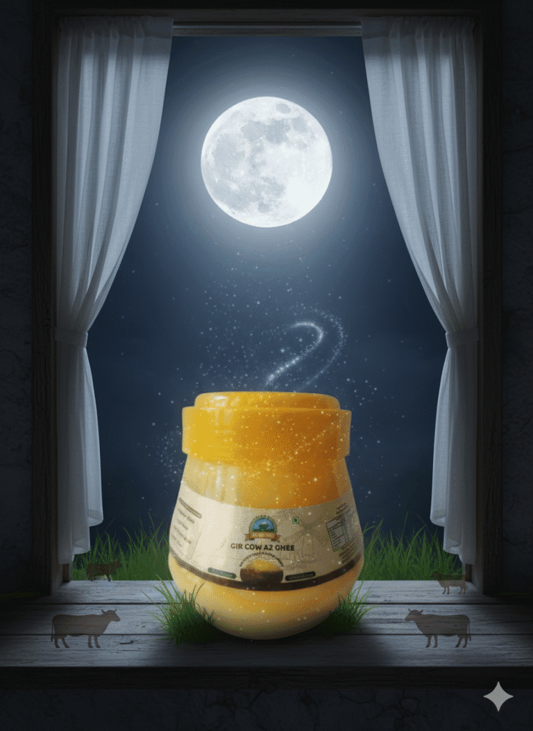 Glass jar of Dev Gir Farm’s Full Moon Ghee infused with lunar energy
