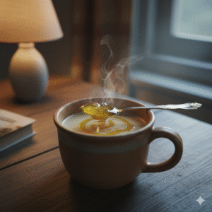 Cup of warm milk with a spoonful of Full Moon Ghee for calming sleep.