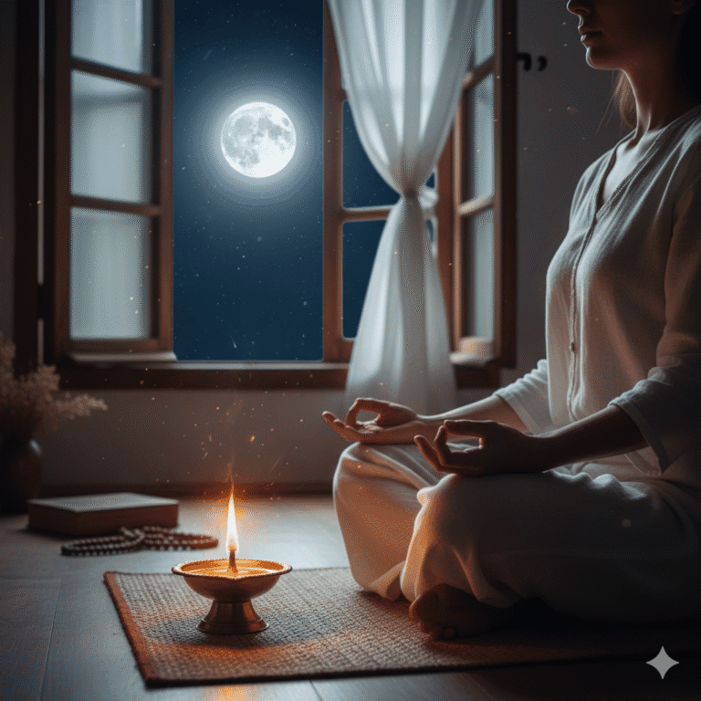 Meditation beside a brass ghee lamp under full moonlight, symbolizing sattvic energy.