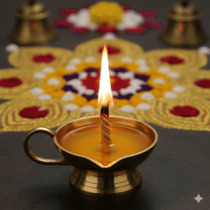 Diwali rangoli decorated with multiple ghee diyas