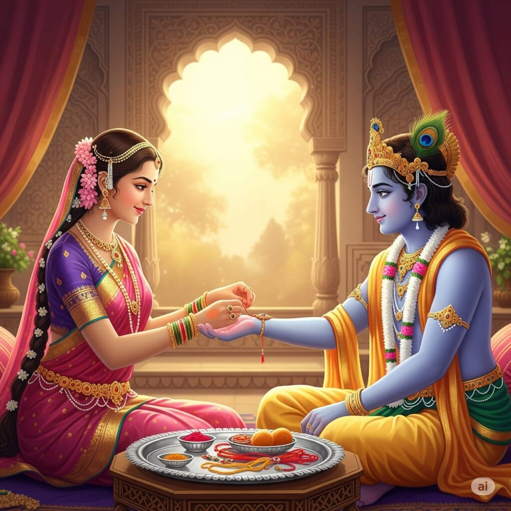 Draupadi ties rakhi to krishna and celebrates rakha bandhan