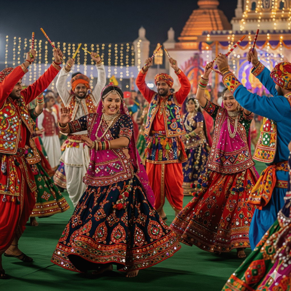 Navratri garba night with people dancing in colorful traditional attire