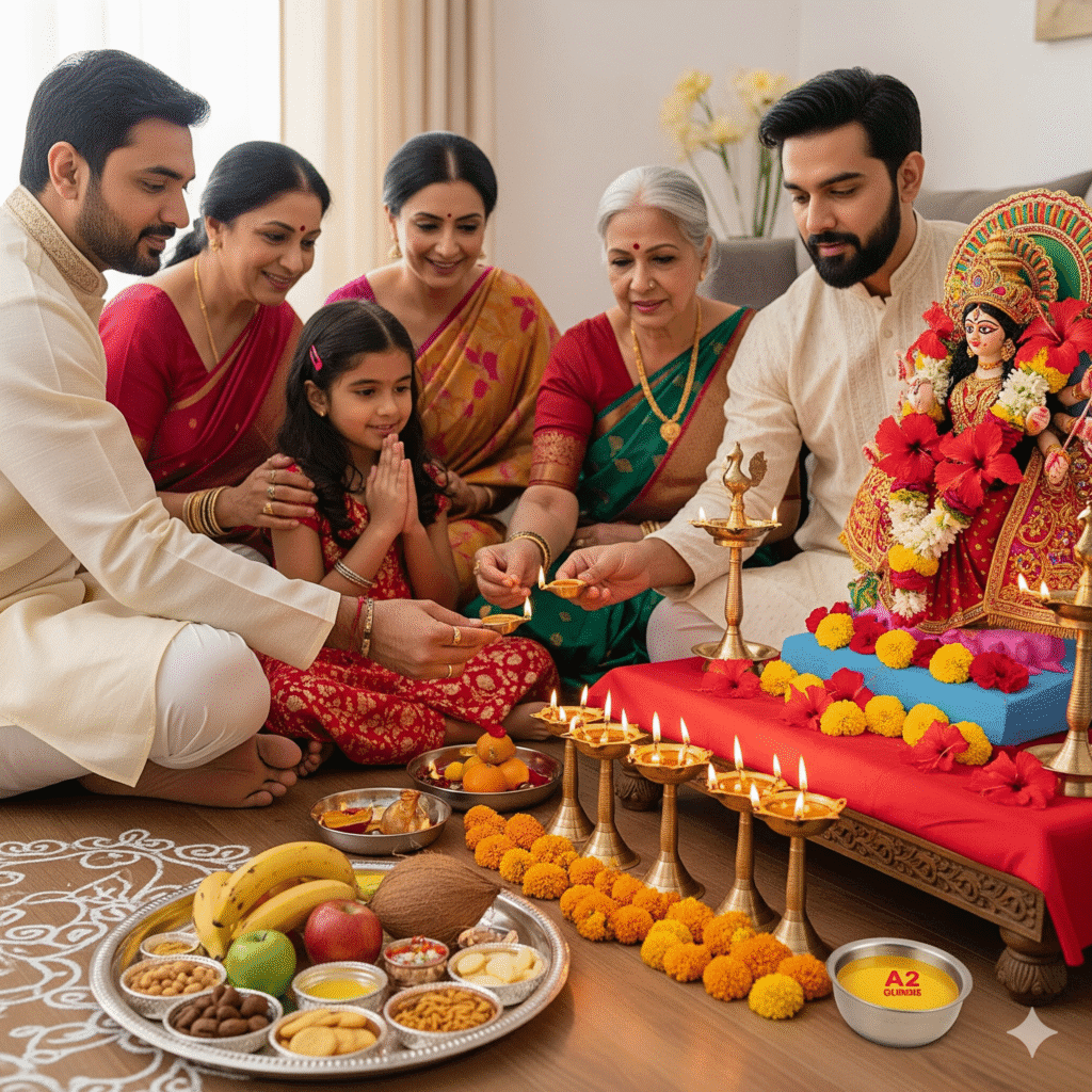 Family performing Navratri puja at home with A2 ghee diya and offerings.