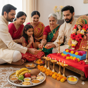 Family performing Navratri puja at home with A2 ghee diya and offerings.