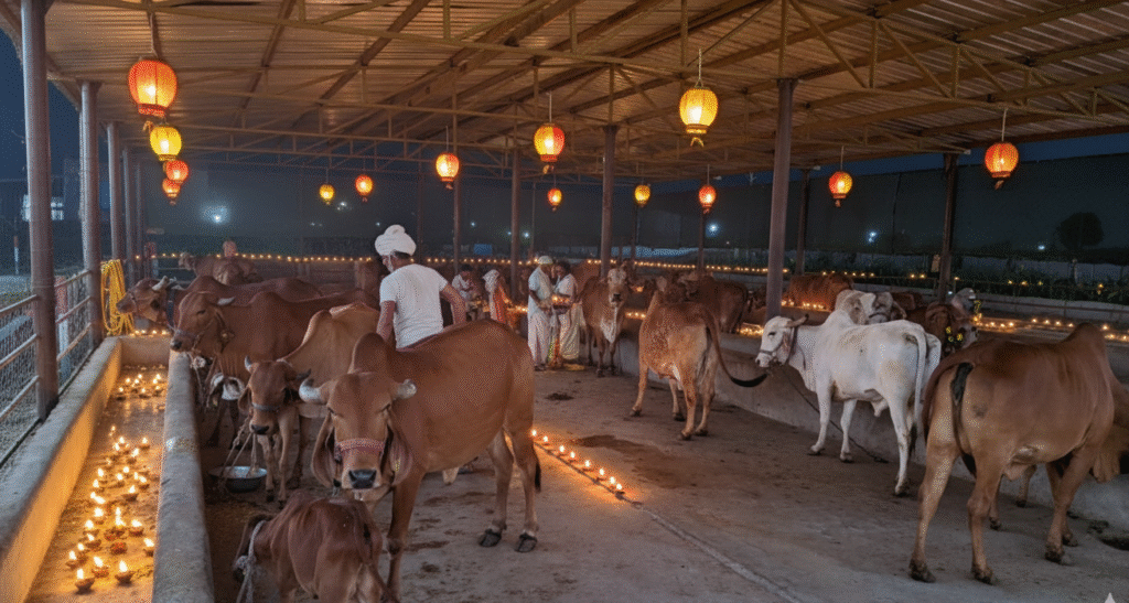 Farmhouse decorated with diyas for Diwali