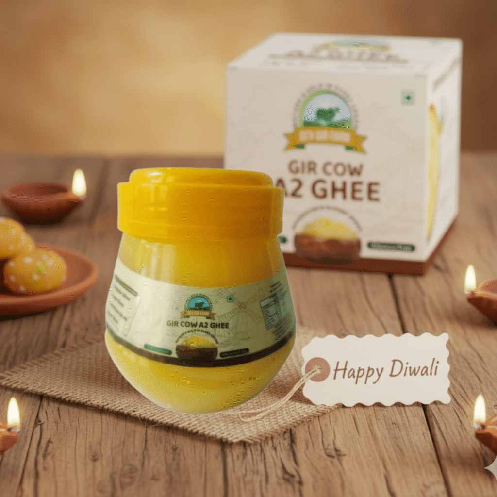 Dev Gir Farm ghee jar with festive wrapping for Diwali